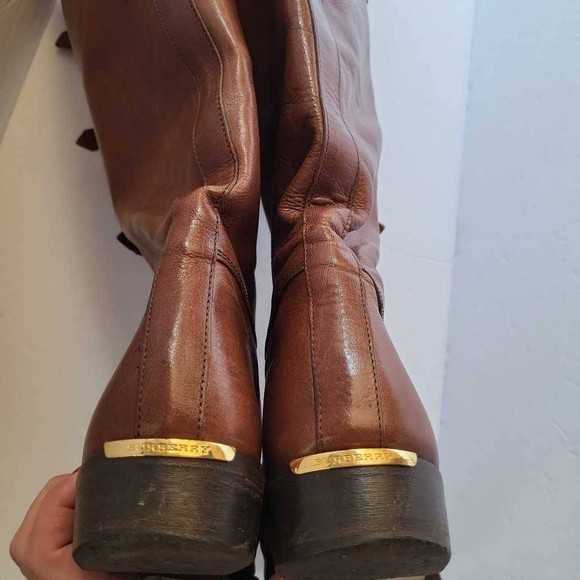 Burberry Womens Riding Boots Brown Leather Buckles Knee High Flat Lace U… - Picture 5 of 12